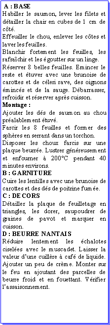 Zone de Texte:  A : BASE Habiller le saumon, lever les filets et dtailler la chair en cubes de 1 cm de ct.Effeuiller le chou, enlever les ctes et laver les feuilles.Blanchir fortement les feuilles, les rafrachir et les goutter sur un linge.Rserver 8 belles feuilles. Emincer le reste et tuver avec une brunoise de carottes et de cleri rave, des oignons mincs et de la sauge. Dbarrasser, refroidir et rserver aprs cuisson.Montage :Ajouter les ds de saumon au chou pralablement tuv.Farcir les 8 feuilles et former des sphres en serrant dans un torchon.Disposer les choux farcis sur une plaque beurre. Lustrer gnreusement et enfourner  200C pendant 40 minutes environs.B : GARNITURECuire les lentilles avec une brunoise de carottes et des ds de poitrine fume.C : DECORSDtailler la plaque de feuilletage en triangles, les dorer, saupoudrer de graines de pavot et marquer en cuisson.D : BEURRE NANTAISRduire lentement les chalotes ciseles avec le muscadet. Laisser la valeur dune cuillre  caf de liquide. Ajouter un peu de crme. Monter sur le feu en ajoutant des parcelles de beurre froid et en fouettant. Vrifier lassaisonnement. 
