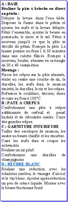 Zone de Texte: A : BASERaliser la pte  brioche en direct au ptrin :Dlayer la levure dans leau tide. Disposer la farine dans le ptrin et ajouter les ufs et la levure dlaye. Ptrir lensemble, ajouter le beurre en pommade, le sucre et le sel. Ptrir  nouveau jusqu ce que la pte se dcolle du ptrin. Rompre la pte. La laisser pointer au frais 1 h 30 minutes dans une calotte filme. Rompre  nouveau, bouler, abaisser en rectangle de 30 x 40 centimtres.Montage :Placer les crpes sur la pte abaisse, taler au centre une couche de riz, la duxelles, les ufs durs, le saumon miett, la duxelles, le riz et les crpes.Refermer le coulibiac, dcorer, dorer et cuire au four  180C.B : PATE A CREPESConfectionner une pte  crpes additionne de cerfeuil et  persil hachs et de ciboulette cisele. Cuire des grandes crpes.C : GARNITURE INTERIEURETailler des escalopes de saumon, les sauter au beurre clarifi et les mietter.Cuire les ufs durs et couper les extrmits. Raliser un riz pilaf.Confectionner une duxelles de champignons.D : BEURRE BLANCRaliser une rduction avec les chalotes ciseles, le vinaigre dalcool et le vin blanc. Ajouter aprs rduction  un peu de crme liquide. Monter avec le beurre fractionn froid.