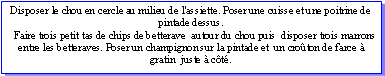 Zone de Texte: Disposer le chou en cercle au milieu de l'assiette. Poser une cuisse et une poitrine de pintade dessus.    Faire trois petit tas de chips de betterave  autour du chou puis  disposer trois marrons entre les betteraves. Poser un champignon sur la pintade et  un croton de farce   gratin  juste  ct.
