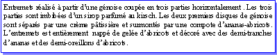 Zone de Texte: Entremets ralis  partir dune gnoise coupe en trois parties horizontalement . Les trois parties sont imbibes dun sirop parfum au kirsch. Les deux premiers disques de gnoise sont spars par une crme ptissire et surmonts par une compote dananas-abricots. Lentremets est entirement  napp de gele dabricots et dcor avec des demi-tranches dananas et des demi-oreillons dabricots.