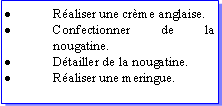 Zone de Texte: Raliser une crme anglaise.Confectionner de la nougatine.Dtailler de la nougatine.Raliser une meringue.