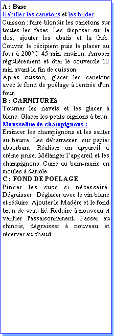 Zone de Texte: A : BaseHabiller les canetons et les brider.Cuisson : faire blondir les canetons sur toutes les faces. Les disposer sur le dos, ajouter les abatis et la G.A. Couvrir le rcipient puis le placer au four  200C 45 min environ. Arroser rgulirement et ter le couvercle 10 min avant la fin de cuisson.Aprs cuisson, glacer les canetons avec le fond de polage  l'entre d'un four.B : GARNITURESTourner les navets et les glacer  blanc. Glacer les petits oignons  brun.Mousseline de champignons :Emincer les champignons et les sauter au beurre. Les dbarrasser  sur papier absorbant. Raliser un appareil  crme prise. Mlanger lappareil et les champignons. Cuire au bain-marie en moules  dariole.C : FOND DE POELAGEPincer les sucs si ncessaire. Dgraisser . Dglacer avec le vin blanc et rduire. Ajouter le Madre et le fond brun de veau li. Rduire  nouveau et vrifier l'assaisonnement. Passer au chinois, dgraisser  nouveau et rserver au chaud.        