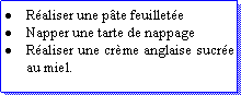Zone de Texte: Raliser une pte feuilleteNapper une tarte de nappageRaliser une crme anglaise sucre au miel.