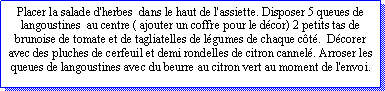 Zone de Texte: Placer la salade d'herbes  dans le haut de l'assiette. Disposer 5 queues de langoustines  au centre ( ajouter un coffre pour le dcor) 2 petits tas de brunoise de tomate et de tagliatelles de lgumes de chaque ct.  Dcorer avec des pluches de cerfeuil et demi rondelles de citron cannel. Arroser les queues de langoustines avec du beurre au citron vert au moment de l'envoi.