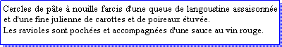 Zone de Texte: Cercles de pte  nouille farcis d'une queue de langoustine assaisonne et d'une fine julienne de carottes et de poireaux tuve.Les ravioles sont poches et accompagnes d'une sauce au vin rouge.