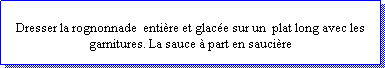 Zone de Texte: Dresser la rognonnade  entire et glace sur un  plat long avec les garnitures. La sauce  part en saucire