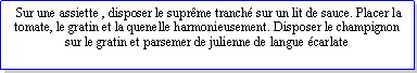 Zone de Texte:  Sur une assiette , disposer le suprme tranch sur un lit de sauce. Placer la tomate, le gratin et la quenelle harmonieusement. Disposer le champignon sur le gratin et parsemer de julienne de langue carlate