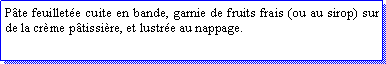 Zone de Texte: Pte feuillete cuite en bande, garnie de fruits frais (ou au sirop) sur de la crme ptissire, et lustre au nappage.