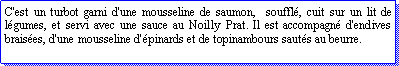 Zone de Texte: C'est un turbot garni d'une mousseline de saumon,  souffl, cuit sur un lit de lgumes, et servi avec une sauce au Noilly Prat. Il est accompagn d'endives braises, d'une mousseline d'pinards et de topinambours sauts au beurre.