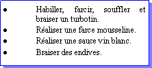 Zone de Texte: Habiller, farcir, souffler et braiser un turbotin.Raliser une farce mousseline.Raliser une sauce vin blanc.Braiser des endives.