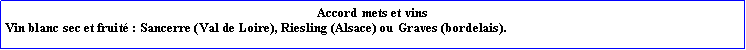 Zone de Texte: Accord mets et vinsVin blanc sec et fruit : Sancerre (Val de Loire), Riesling (Alsace) ou Graves (bordelais).