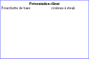 Zone de Texte: Prsentation clientFourchette de base 		       couteau  steak