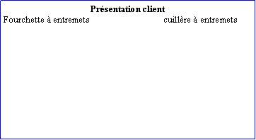 Zone de Texte: Prsentation clientFourchette  entremets   			cuillre  entremets