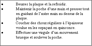 Zone de Texte: Beurrer la plaque et la refroidir.Maintenir la poche dune main et presser tout en guidant de lautre main au dessus de la plaque.Coucher des choux rguliers  lpaisseur voulue en les espaant en quinconce.Effectuer une virgule dun mouvement brusque et soulever la poche.