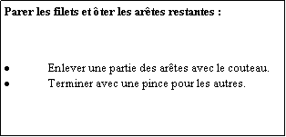 Zone de Texte: Parer les filets et ter les artes restantes :Enlever une partie des artes avec le couteau.Terminer avec une pince pour les autres.