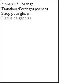 Zone de Texte: Appareil  lorangeTranches doranges pochesSirop pour glacerPlaque de gnoise