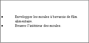 Zone de Texte: Envelopper les moules  bavarois de film alimentaire.Beurrer lintrieur des moules.