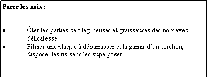 Zone de Texte: Parer les noix :ter les parties cartilagineuses et graisseuses des noix avec dlicatesse.Filmer une plaque  dbarrasser et la garnir dun torchon, disposer les ris sans les superposer.