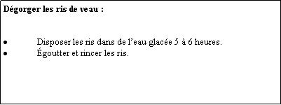 Zone de Texte: Dgorger les ris de veau :Disposer les ris dans de leau glace 5  6 heures.goutter et rincer les ris.
