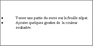 Zone de Texte: Verser une partie du sucre sur la feuille silpat.Ajouter quelques gouttes de  la couleur souhaite.