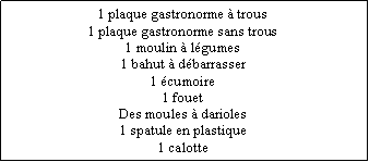 Zone de Texte: 1 plaque gastronorme  trous1 plaque gastronorme sans trous1 moulin  lgumes1 bahut  dbarrasser1 cumoire1 fouetDes moules  darioles1 spatule en plastique1 calotte