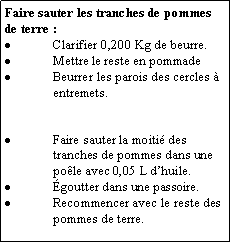 Zone de Texte: Faire sauter les tranches de pommes de terre :Clarifier 0,200 Kg de beurre.Mettre le reste en pommadeBeurrer les parois des cercles  entremets.Faire sauter la moiti des tranches de pommes dans une pole avec 0,05 L dhuile.goutter dans une passoire.Recommencer avec le reste des pommes de terre.