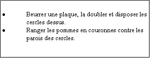 Zone de Texte: Beurrer une plaque, la doubler et disposer les cercles dessus.Ranger les pommes en couronnes contre les parois des cercles.