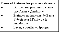Zone de Texte: Parer et mincer les pommes de terre :Donner aux pommes de terre une forme cylindrique.mincer en tranches de 2 mm dpaisseur  laide de la mandoline.Laver, goutter et ponger.