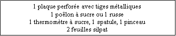 Zone de Texte: 1 plaque perfore avec tiges mtalliques1 polon  sucre ou 1 russe1 thermomtre  sucre, 1 spatule, 1 pinceau2 feuilles silpat