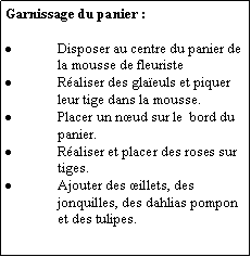 Zone de Texte: Garnissage du panier :Disposer au centre du panier de la mousse de fleuristeRaliser des glaeuls et piquer leur tige dans la mousse.Placer un nud sur le  bord du panier.Raliser et placer des roses sur tiges.Ajouter des illets, des jonquilles, des dahlias pompon et des tulipes.