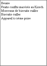 Zone de Texte: BeurreFruits confits macrs au KirschMorceaux de biscuits cuillerBiscuits cuillerAppareil  crme prise