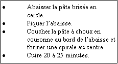 Zone de Texte: Abaisser la pte brise en cercle.Piquer labaisse.Coucher la pte  choux en couronne au bord de labaisse et former une spirale au centre.Cuire 20  25 minutes.