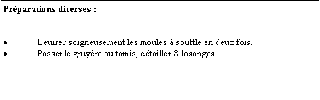 Zone de Texte: Prparations diverses :Beurrer soigneusement les moules  souffl en deux fois.Passer le gruyre au tamis, dtailler 8 losanges.