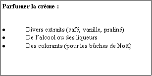 Zone de Texte: Parfumer la crme :Divers extraits (caf, vanille, pralin)De lalcool ou des liqueursDes colorants (pour les bches de Nol)