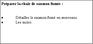 Zone de Texte: Prparer la chair de saumon fume :Dtailler le saumon fum en morceaux.Les mixer.