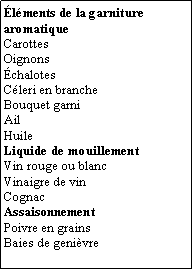 Zone de Texte: lments de la garniture aromatiqueCarottesOignonschalotesCleri en brancheBouquet garniAilHuileLiquide de mouillementVin rouge ou blancVinaigre de vinCognacAssaisonnementPoivre en grainsBaies de genivre
