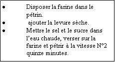 Zone de Texte: Disposer la farine dans le ptrin. ajouter la levure sche. Mettre le sel et le sucre dans leau chaude, verser sur la farine et ptrir  la vitesse N2   quinze minutes.