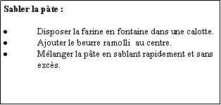 Zone de Texte: Sabler la pte :Disposer la farine en fontaine dans une calotte.Ajouter le beurre ramolli  au centre.Mlanger la pte en sablant rapidement et sans excs.