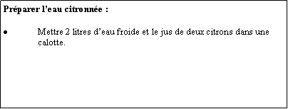 Zone de Texte: Prparer leau citronne :Mettre 2 litres deau froide et le jus de deux citrons dans une calotte.
