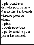 Zone de Texte: 1 plat rond avec dentelle pour la tarte4 assiettes  entremets chaudes pour les clients1 pince1 couteau de base1 petite assiette pour poser les couverts.