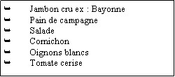 Zone de Texte: Jambon cru ex : BayonnePain de campagneSaladeCornichonOignons blancsTomate cerise