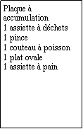 Zone de Texte: Plaque  accumulation1 assiette  dchets1 pince1 couteau  poisson1 plat ovale1 assiette  pain
