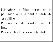 Zone de Texte: Dtacher le filet dorsal en le poussant vers le haut  laide de la cuillre.Pousser le filet ventral vers le bas.Dresser les filets dans le plat.