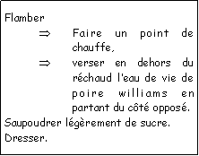 Zone de Texte: FlamberFaire un point de chauffe, verser en dehors du rchaud leau de vie de poire williams en partant du ct oppos.Saupoudrer lgrement de sucre.Dresser.