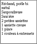 Zone de Texte: Rchaud, pole bi mtalSaupoudreuseSaucire2 petites assiettes1 assiette creuse1 pince1 couteau  entremets