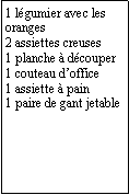 Zone de Texte: 1 lgumier avec les oranges2 assiettes creuses1 planche  dcouper1 couteau doffice1 assiette  pain1 paire de gant jetable