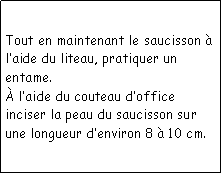 Zone de Texte: Tout en maintenant le saucisson  laide du liteau, pratiquer un entame. laide du couteau doffice inciser la peau du saucisson sur une longueur denviron 8  10 cm.