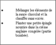 Zone de Texte: Mlanger les lments de la sauce chocolat et la chauffer sans excs.Planter une petite pingle nourrice dans la crme anglaise congele (partie bombe).
