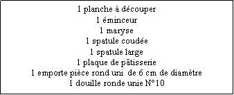 Zone de Texte: 1 planche  dcouper1 minceur1 maryse1 spatule coude1 spatule large1 plaque de ptisserie1 emporte pice rond uni  de 6 cm de diamtre1 douille ronde unie N10