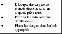 Zone de Texte: Dcouper des disques de                 6 cm de diamtre avec un                       emporte pice rond.Perforer le centre avec une douille ronde.Placer les disques dans les bols appropris.